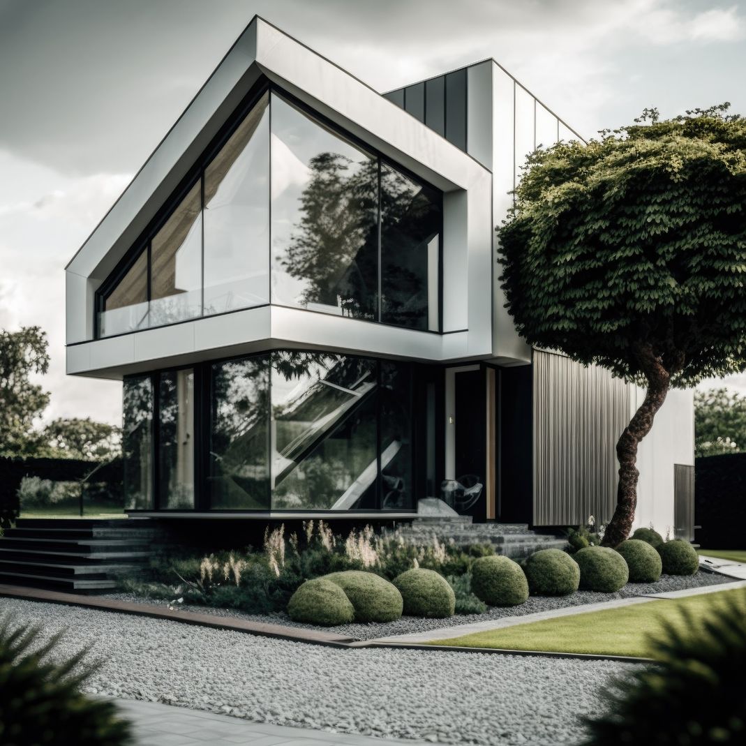 Casa moderna con arbol al lado